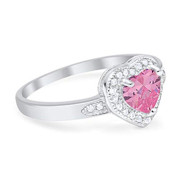 Halo Heart Promise Ring Round Simulated Pink CZ 925 Sterling Silver